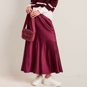 Francesca’s Melody Elegant Burgundy Satin Midi Skirt